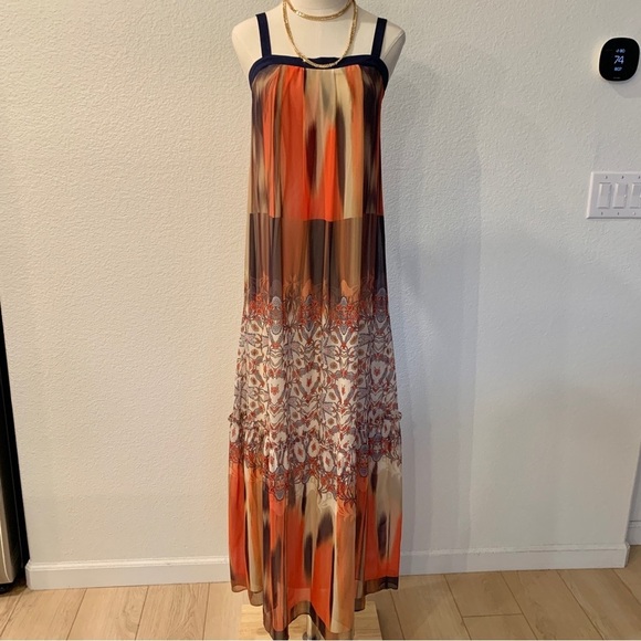 Bebe Orange Blue Floral Boho Printed Chiffon Babydoll Maxi Dress - Picture 1 of 14